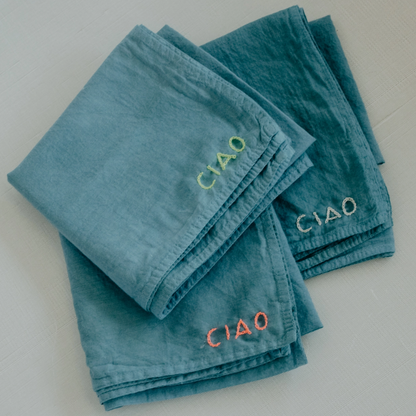Hand Embroidered Organic Cotton Bandana - Ciao, Blue